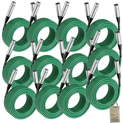 12 PACK - FAT TOAD XLR Microphone Cables | 50ft Professional Pro Audio Green Mic Cord Extension Patch with Lo-Z Connector | 24 AWG Shielded Wire & Balanced for DJ Music Recording Studio Mixer Gear