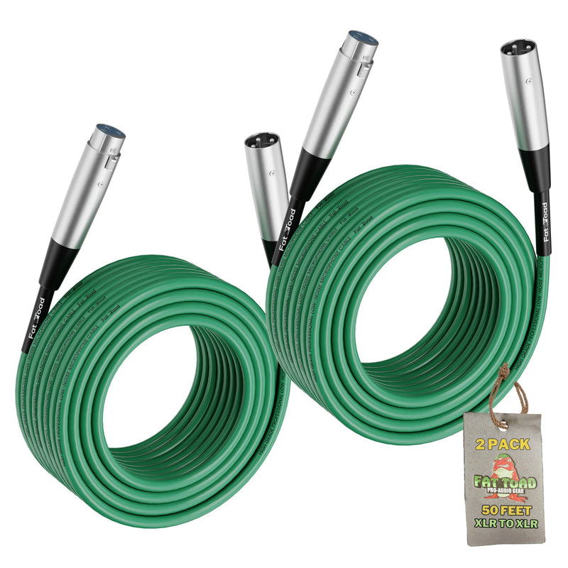 XLR Microphone Cables (2 Pack) by FAT TOAD - 50ft Pro Audio Green Mic Cord Patch Extension & Male to Female Lo-Z Connector - 24 AWG Shielded Wire