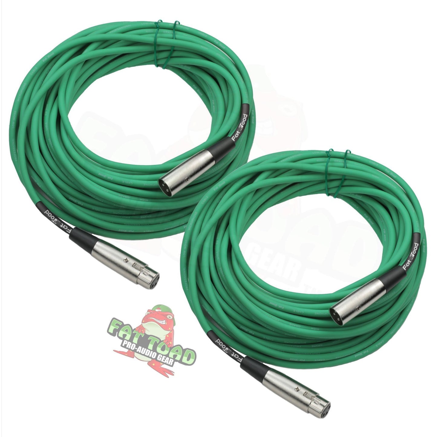 XLR Microphone Cables (2 Pack) by FAT TOAD - 50ft Pro Audio Green Mic Cord Patch Extension & Male to Female Lo-Z Connector - 24 AWG Shielded Wire