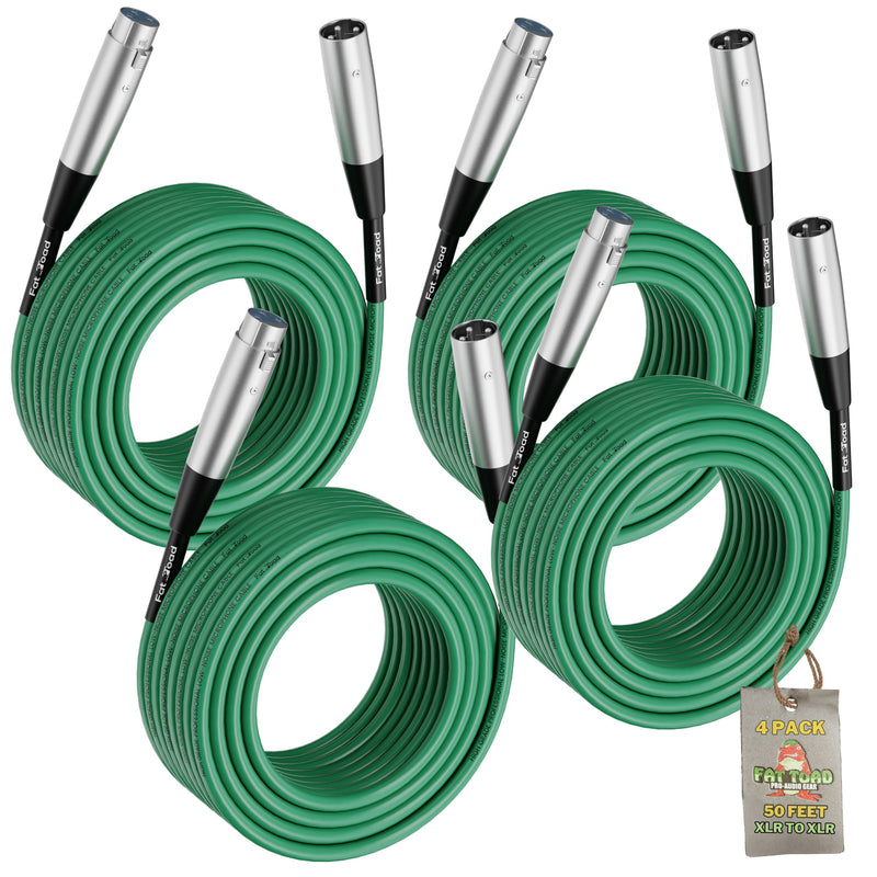 XLR Microphone Cables (4 Pack) by FAT TOAD - 50ft Professional Pro Audio Green Mic Cord Extension Patch with Lo-Z Connector - 24 AWG Shielded Wire
