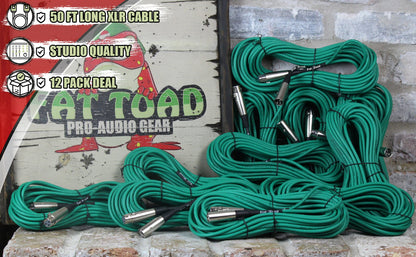 12 PACK - FAT TOAD XLR Microphone Cables | 50ft Professional Pro Audio Green Mic Cord Extension Patch with Lo-Z Connector | 24 AWG Shielded Wire & Balanced for DJ Music Recording Studio Mixer Gear