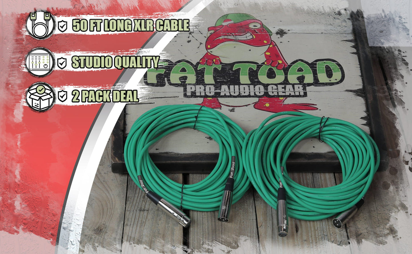 XLR Microphone Cables (2 Pack) by FAT TOAD - 50ft Pro Audio Green Mic Cord Patch Extension & Male to Female Lo-Z Connector - 24 AWG Shielded Wire