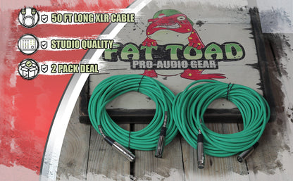 XLR Microphone Cables (2 Pack) by FAT TOAD - 50ft Pro Audio Green Mic Cord Patch Extension & Male to Female Lo-Z Connector - 24 AWG Shielded Wire