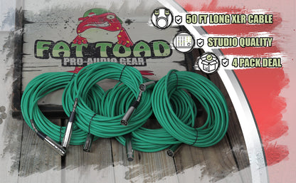 XLR Microphone Cables (4 Pack) by FAT TOAD - 50ft Professional Pro Audio Green Mic Cord Extension Patch with Lo-Z Connector - 24 AWG Shielded Wire