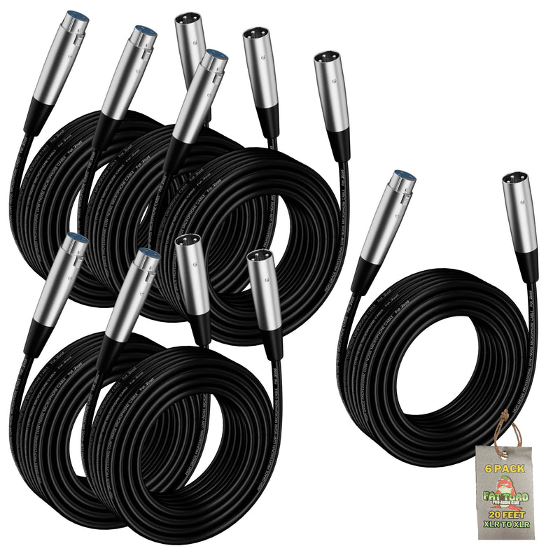 XLR Microphone Cables (6 Pack) by FAT TOAD - 20ft Pro Audio Mic Cord Patch Extension with Lo-Z Connector - 24 AWG Wire & Balanced for Recording