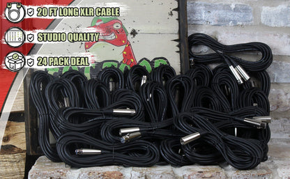 24 PACK - FAT TOAD XLR Mic Wires | 20ft Professional Pro Audio Microphone Cord Extension Patch with Lo-Z Connector | 24 AWG Shielded Cables & Balanced for DMX Music Recording Studio Mixer Gear
