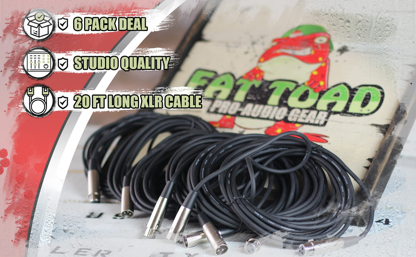 XLR Microphone Cables (6 Pack) by FAT TOAD - 20ft Pro Audio Mic Cord Patch Extension with Lo-Z Connector - 24 AWG Wire & Balanced for Recording