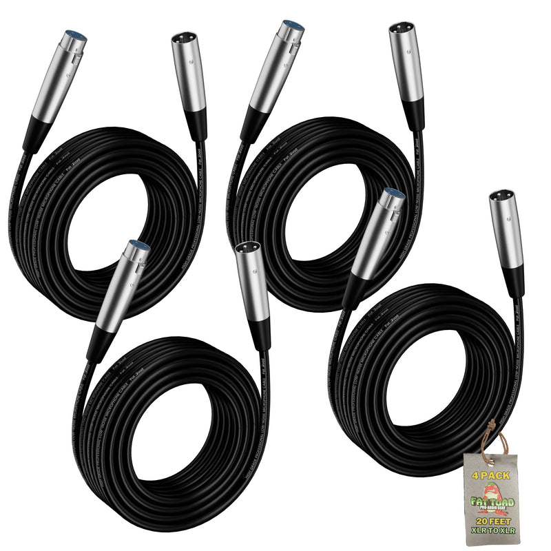 Microphone Cables by FAT TOAD - (4 Pack) 20ft Pro Audio XLR Mic Cord Patch Extension with Female & Male Connector - 24 AWG Shielded Wire & Balanced