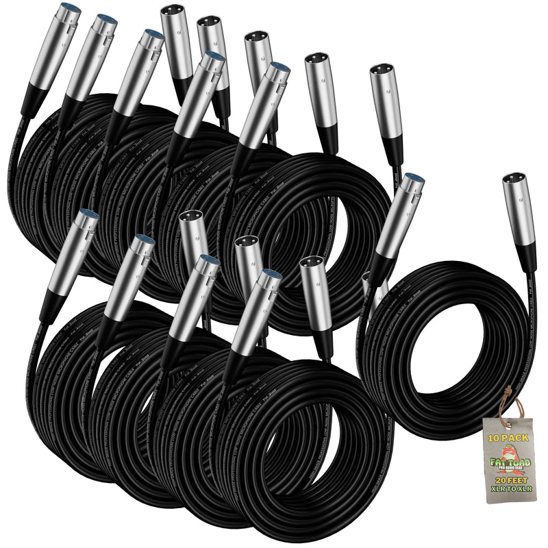 Microphone Cables by FAT TOAD (10 Pack) 20ft Professional Pro Audio XLR Mic Cord Patch with Female & Male Connector - 24 AWG Shielded Wire & Balanced