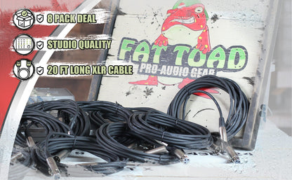Microphone Cables by FAT TOAD - (8 Pack) 20ft Professional Pro Audio XLR Mic Cord Patch with Female & Male Connector - 24GA Shielded Wire & Balanced