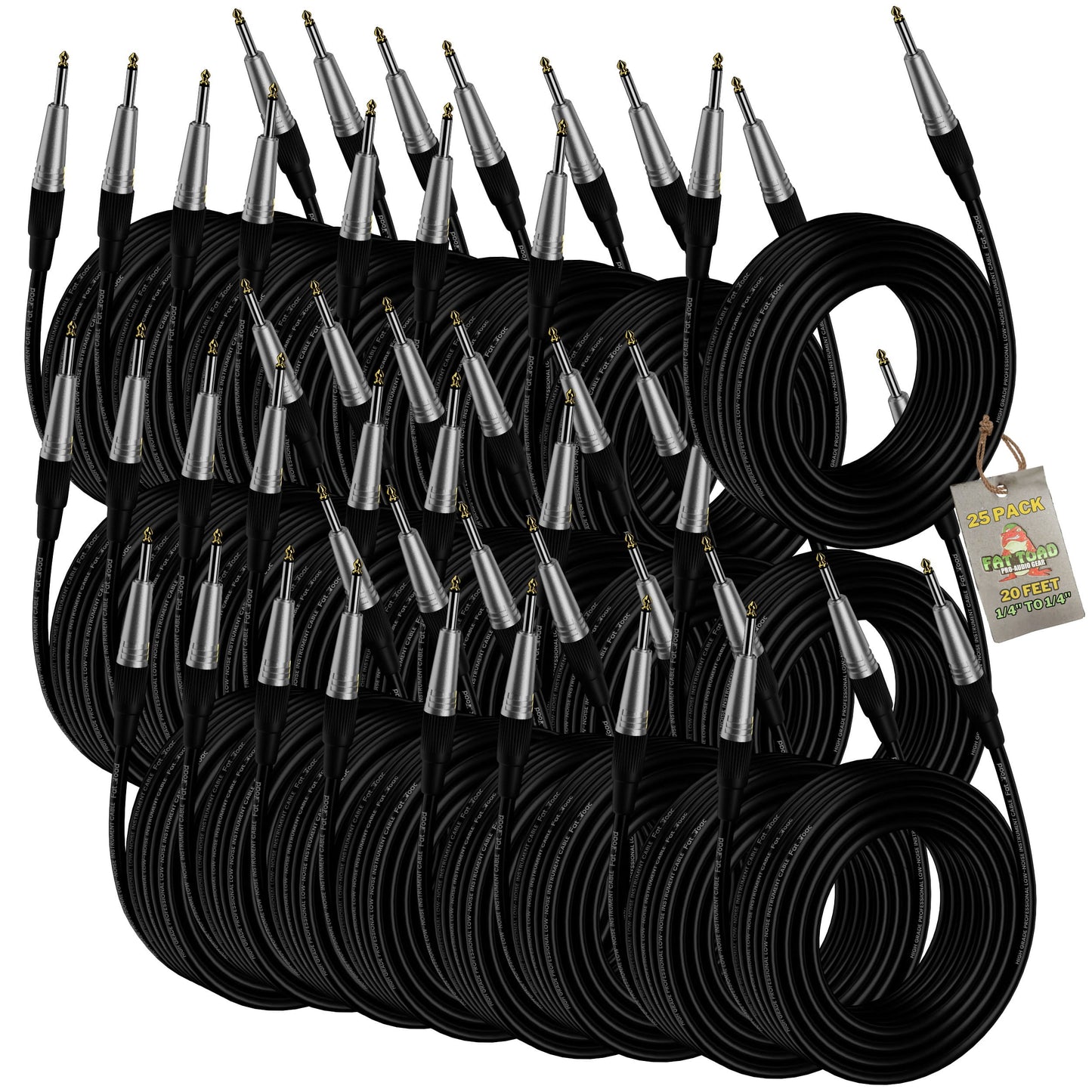 20FT Guitar Cords (24-Pack) by FAT TOAD - 24 AWG Instrument Cables for Electric Guitar, Bass, Amplifier, Speaker & Keyboard - Shielded 1/4-Inch Gold Straight-End Wires