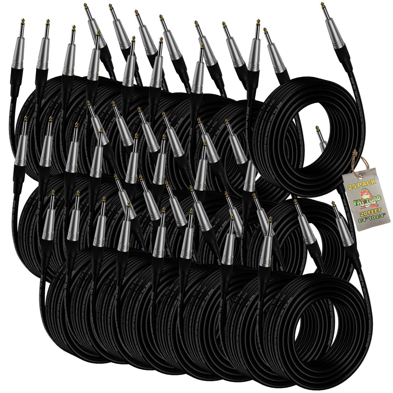 20FT Guitar Cords (24-Pack) by FAT TOAD - 24 AWG Instrument Cables for Electric Guitar, Bass, Amplifier, Speaker & Keyboard - Shielded 1/4-Inch Gold Straight-End Wires