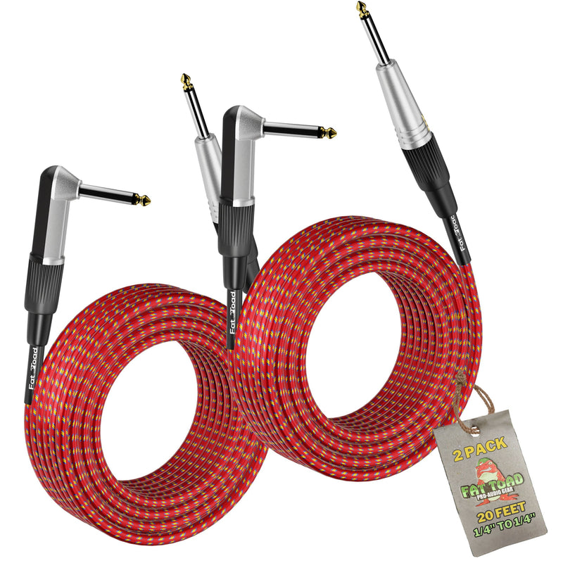 Guitar Cables (2 Pack) Right Angle to Straight-End Instrument Cord Tweed Cloth Jacket by FAT TOAD - Braided Woven 20 FT 1/4 Inch Gold Jack TS