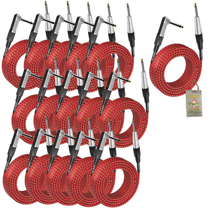 20 Foot Guitar Cords (16-Pack) by FAT TOAD - Right-Angle to Straight-End Instrument Cable with Tweed Cloth Jacket - 20FT 1/4-Inch TS Jack for Electric Guitar, Bass & Amp - Shielded 24 AWG Patch Conductor