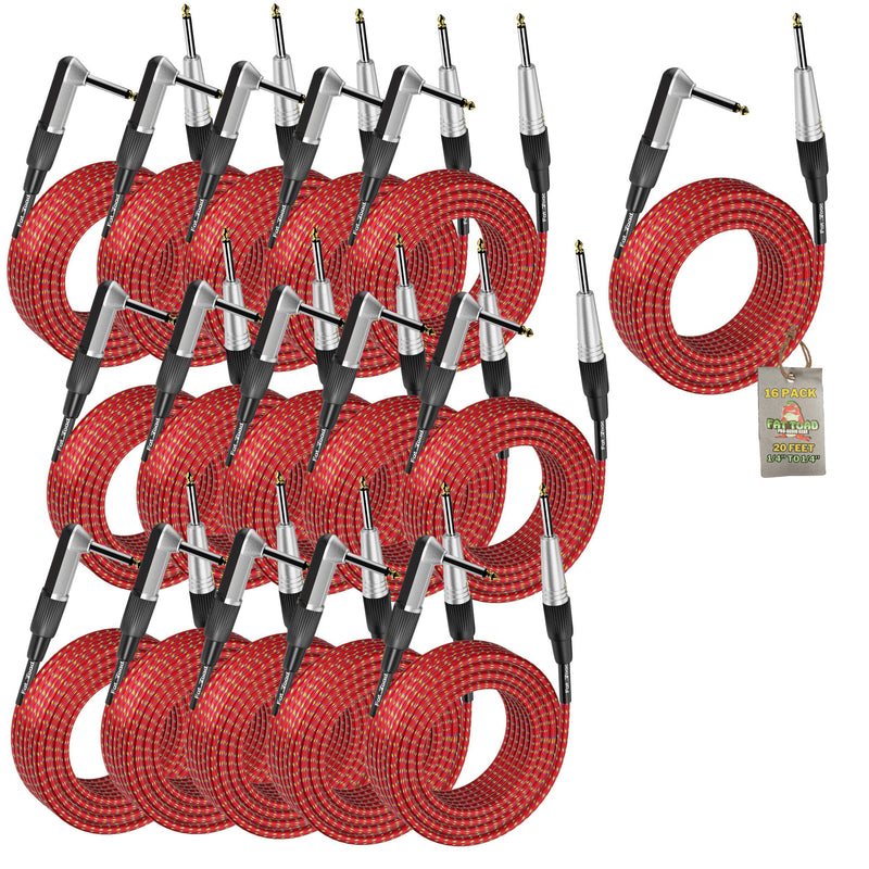 20 Foot Guitar Cords (16-Pack) by FAT TOAD - Right-Angle to Straight-End Instrument Cable with Tweed Cloth Jacket - 20FT 1/4-Inch TS Jack for Electric Guitar, Bass & Amp - Shielded 24 AWG Patch Conductor