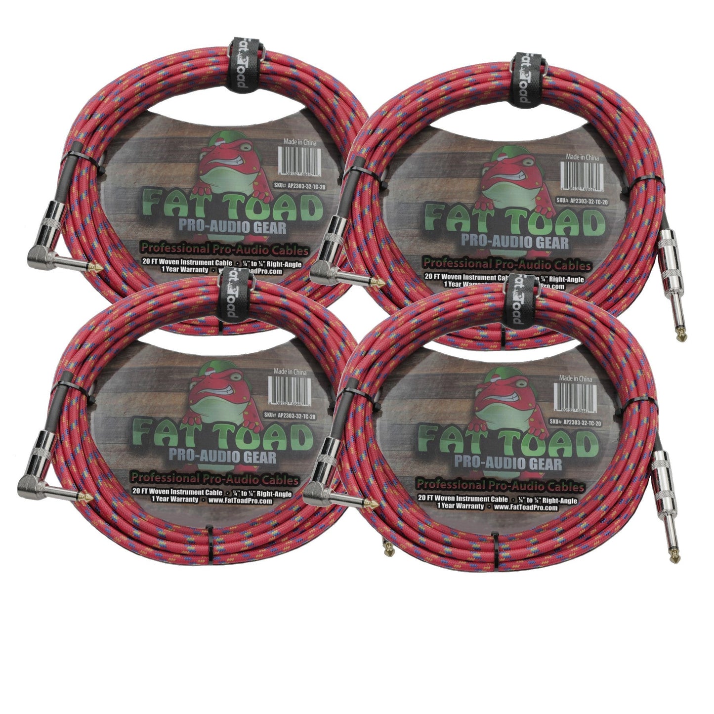 Guitar Cords (4 Pack) Right Angle to Straight-End Instrument Cable Tweed Cloth Jacket by FAT TOAD | Braided Woven 20FT 1/4 Inch Jack TS for Electric Guitar, Bass, AMP | Shielded 24 AWG Patch Conductor