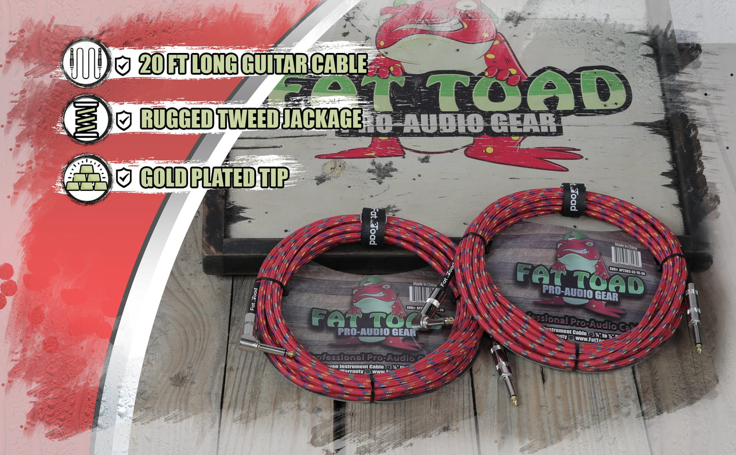 Guitar Cables (2 Pack) Right Angle to Straight-End Instrument Cord Tweed Cloth Jacket by FAT TOAD - Braided Woven 20 FT 1/4 Inch Gold Jack TS