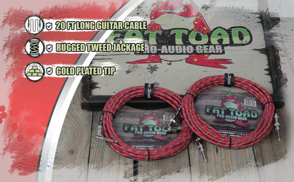 Guitar Cables (2 Pack) Right Angle to Straight-End Instrument Cord Tweed Cloth Jacket by FAT TOAD - Braided Woven 20 FT 1/4 Inch Gold Jack TS