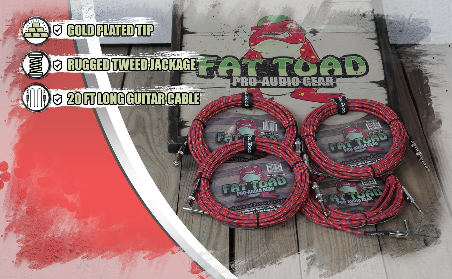 Guitar Cords (4 Pack) Right Angle to Straight-End Instrument Cable Tweed Cloth Jacket by FAT TOAD | Braided Woven 20FT 1/4 Inch Jack TS for Electric Guitar, Bass, AMP | Shielded 24 AWG Patch Conductor