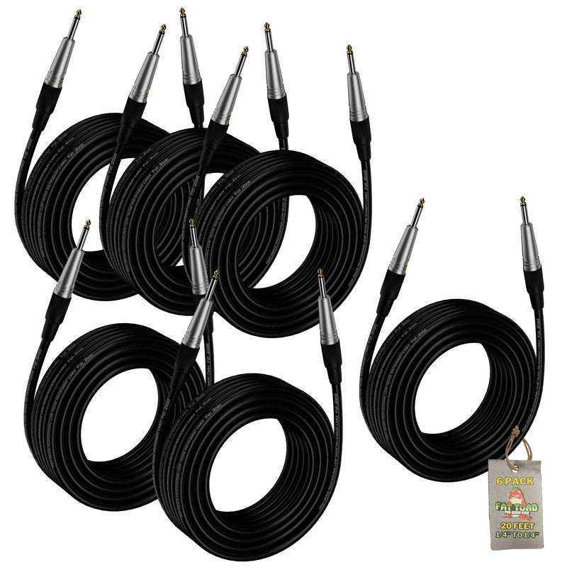 Guitar Cords (6 Pack) Instrument Cable by FAT TOAD - 20FT Wires 1/4 Inch Gold Straight-End for Electric, Acoustic, Bass, Keyboards, Speakers Sound AMP