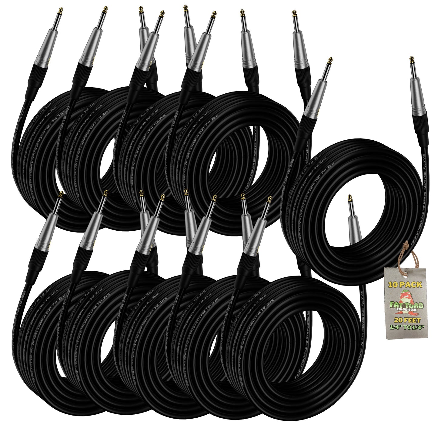 Guitar Cables (10 Pack) Instrument Cord by FAT TOAD - 24 AWG Patch Conductor for Electric Guitar, Bass, Amplifier Speaker, Keyboard & Recording Studio