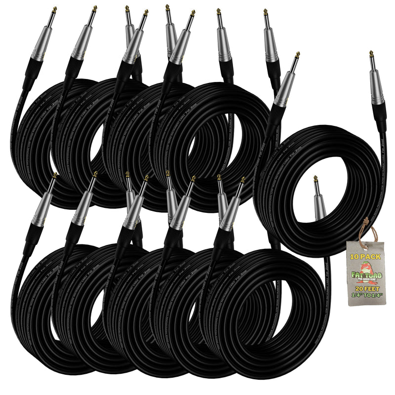 Guitar Cables (10 Pack) Instrument Cord by FAT TOAD - 24 AWG Patch Conductor for Electric Guitar, Bass, Amplifier Speaker, Keyboard & Recording Studio