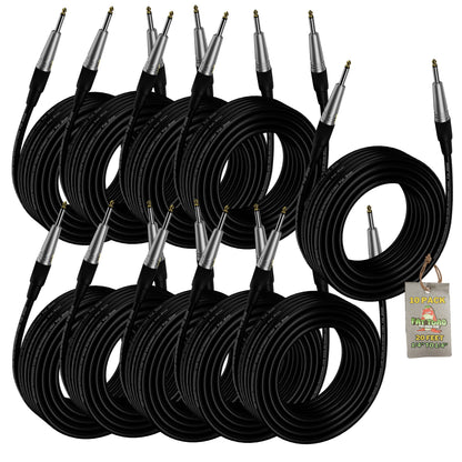 Guitar Cables (10 Pack) Instrument Cord by FAT TOAD | 24 AWG Patch Conductor for Electric Guitar, Bass, Amplifier, Speaker, Keyboard & Recording Studio | Shielded 20FT 1/4 Inch Gold Straight-End Wires