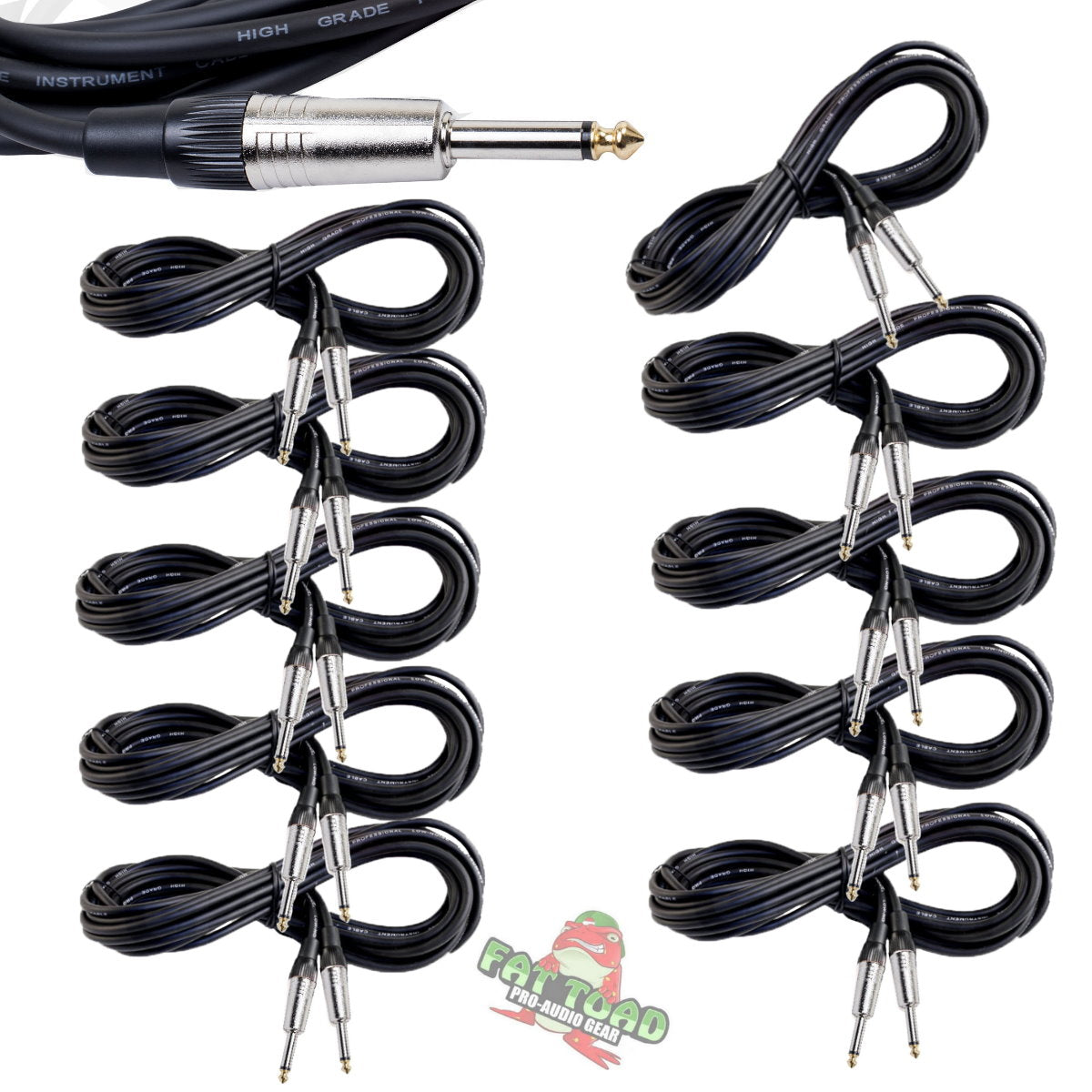 Guitar Cables (10 Pack) Instrument Cord by FAT TOAD - 24 AWG Patch Conductor for Electric Guitar, Bass, Amplifier Speaker, Keyboard & Recording Studio