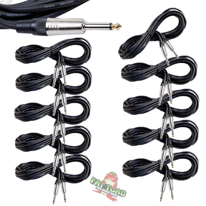 Guitar Cables (10 Pack) Instrument Cord by FAT TOAD | 24 AWG Patch Conductor for Electric Guitar, Bass, Amplifier, Speaker, Keyboard & Recording Studio | Shielded 20FT 1/4 Inch Gold Straight-End Wires