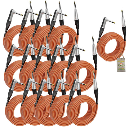 Right-Angled Guitar Cables (24-Pack) by FAT TOAD - 20FT 1/4-Inch Straight-End 24GA Instrument Cords for Electric Guitar, Bass, Pedal, Keyboard, Speaker Amplifier & Studio Recording