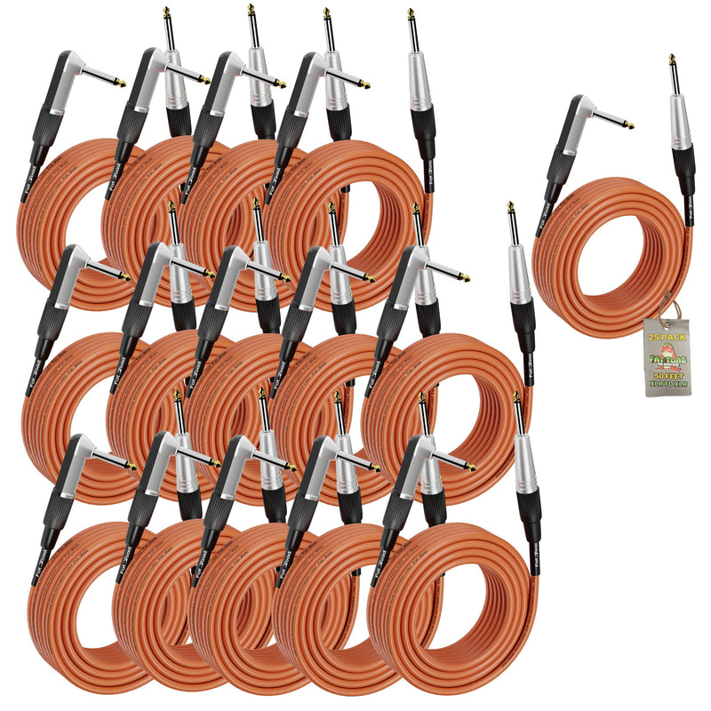 Right-Angled Guitar Cables (24-Pack) by FAT TOAD - 20FT 1/4-Inch Straight-End 24GA Instrument Cords for Electric Guitar, Bass, Pedal, Keyboard, Speaker Amplifier & Studio Recording