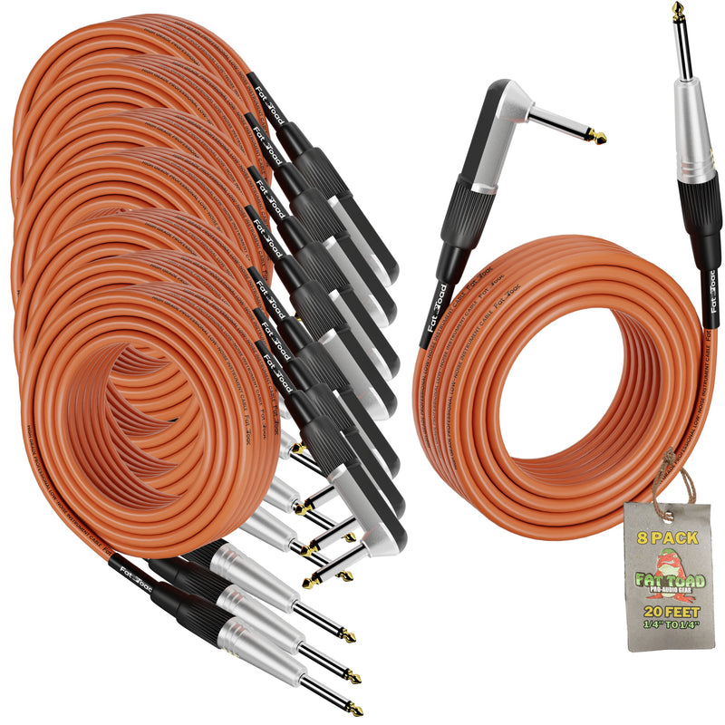 Right-Angled Guitar Cables (8-Pack) by FAT TOAD - 20FT 1/4-Inch Straight-End 24 GA Wires for Electric Guitar, Bass, Pedal, Keyboard, Speaker Amplifier & Audio Studio Recording