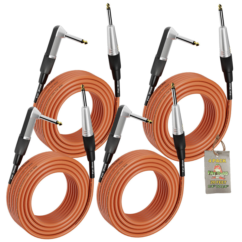 Guitar Cords (4 Pack) Right Angle Instrument Cable by FAT TOAD - 20FT 1/4 Inch Straight-End Wires for Electric Guitar, Bass, Keyboards & Music Studio