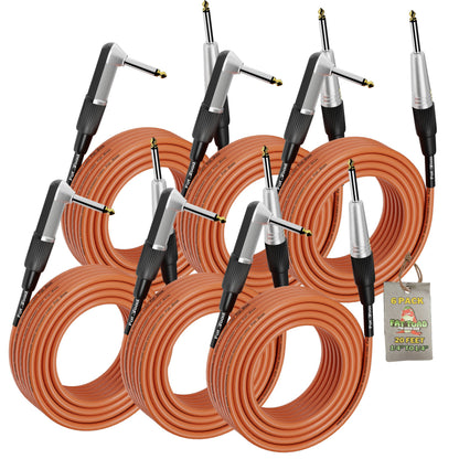 Guitar Cables (6 Pack) Right Angled Instrument Cord by FAT TOAD - 20FT 1/4 Quarter Inch Straight-End 20 GA Wires for Electric Guitar Pedal, Keyboards
