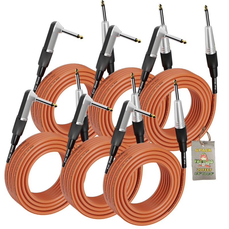 Guitar Cables (6 Pack) Right Angled Instrument Cord by FAT TOAD - 20FT 1/4 Quarter Inch Straight-End 20 GA Wires for Electric Guitar Pedal, Keyboards