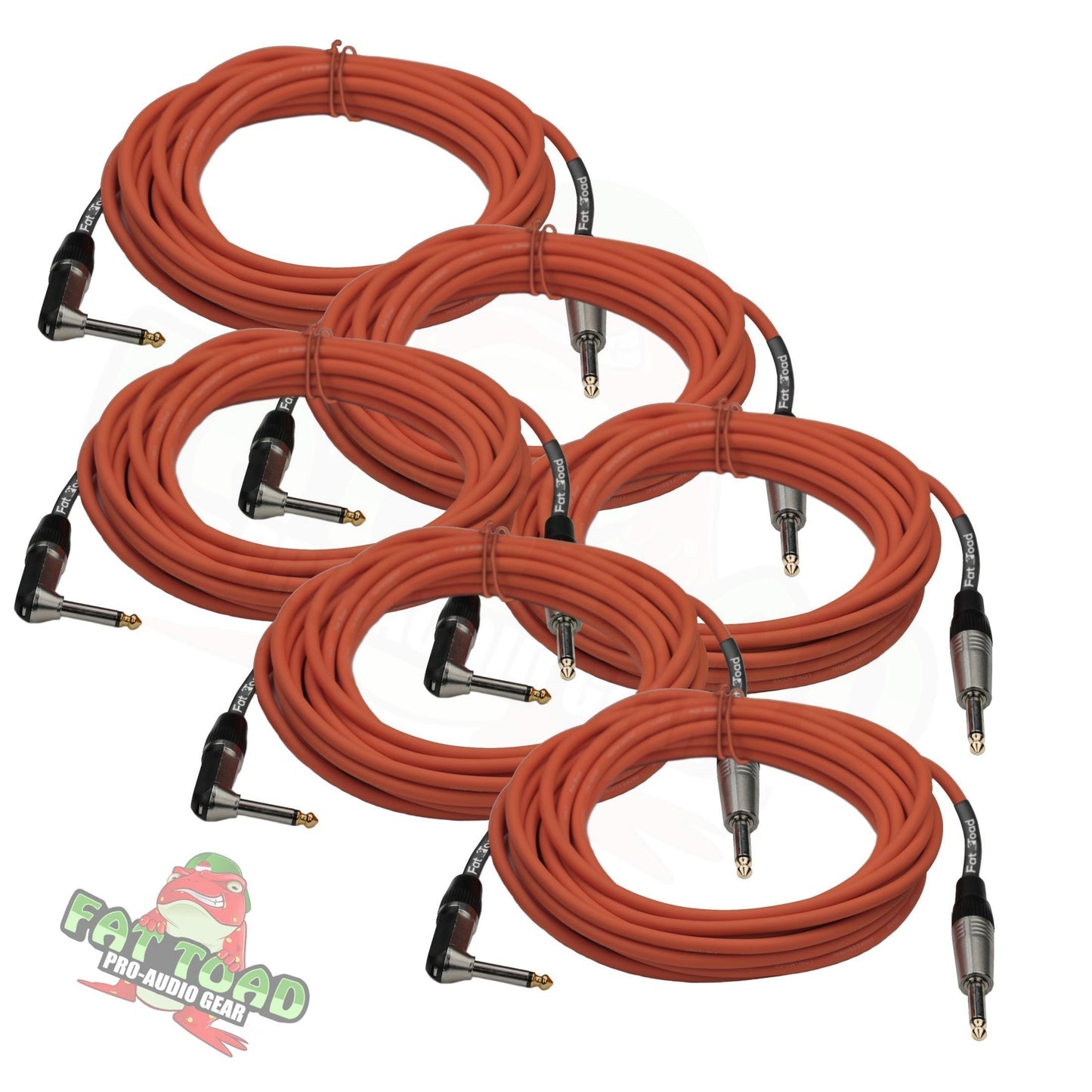 Guitar Cables (6 Pack) Right Angled Instrument Cord by FAT TOAD | 20FT 1/4 Quarter Inch Straight-End 20 GA Wires for Electric Guitar Pedal, Bass, Keyboards, Speaker Amplifier & Audio Studio Recording