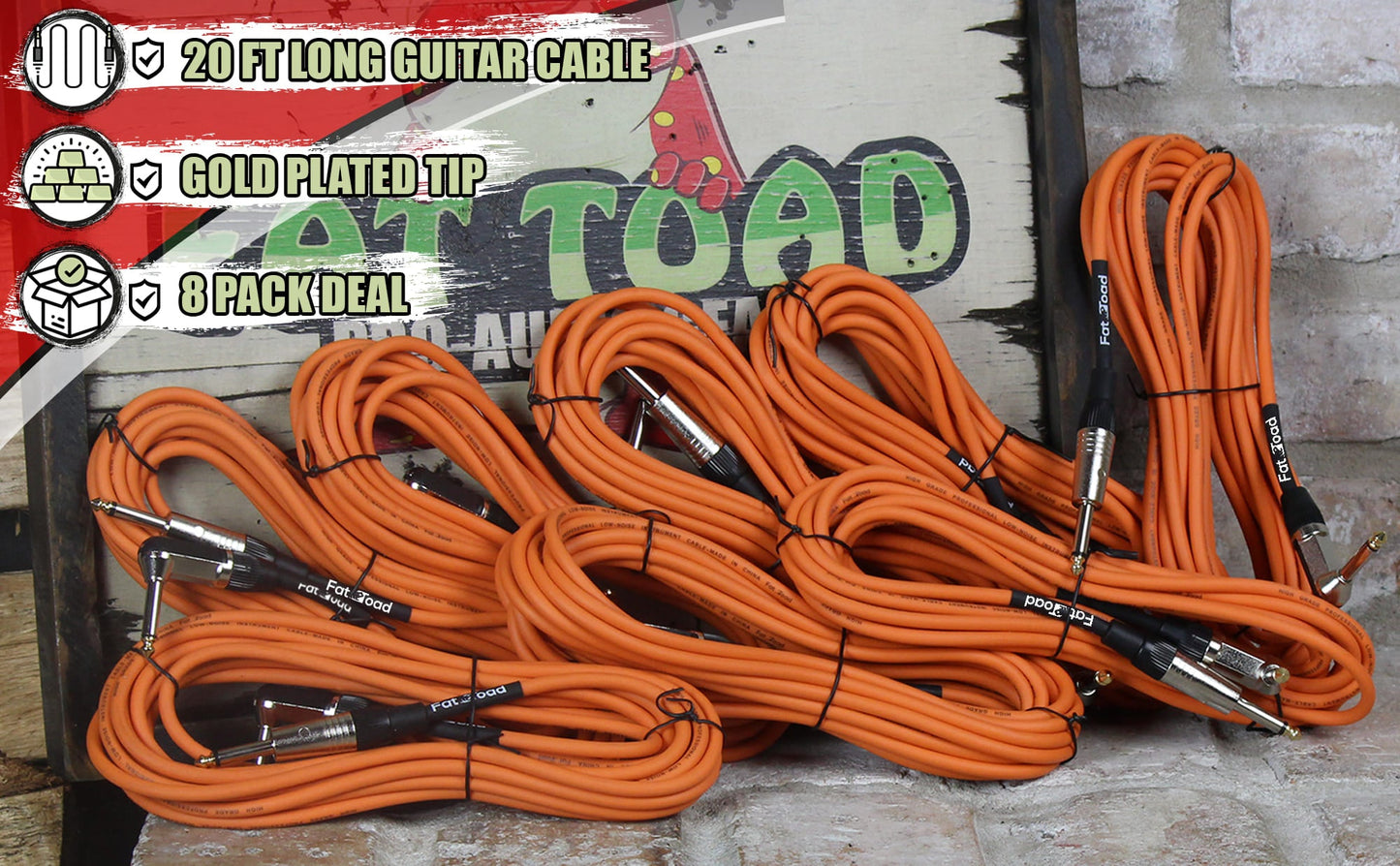 8 PACK - Guitar Cables Right Angled Instrument Cords by FAT TOAD | 20FT 1/4 Quarter Inch Straight-End 24 GA Wires for Electric Guitar Pedal, Bass, Keyboards, Speaker Amplifier & Audio Studio Recording