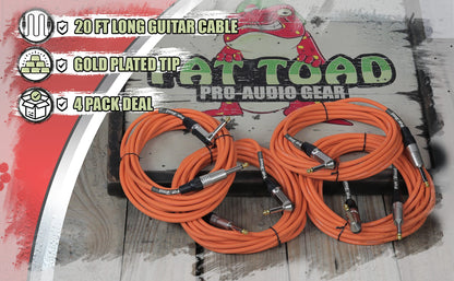 Guitar Cords (4 Pack) Right Angle Instrument Cable by FAT TOAD - 20FT 1/4 Inch Straight-End Wires for Electric Guitar, Bass, Keyboards & Music Studio