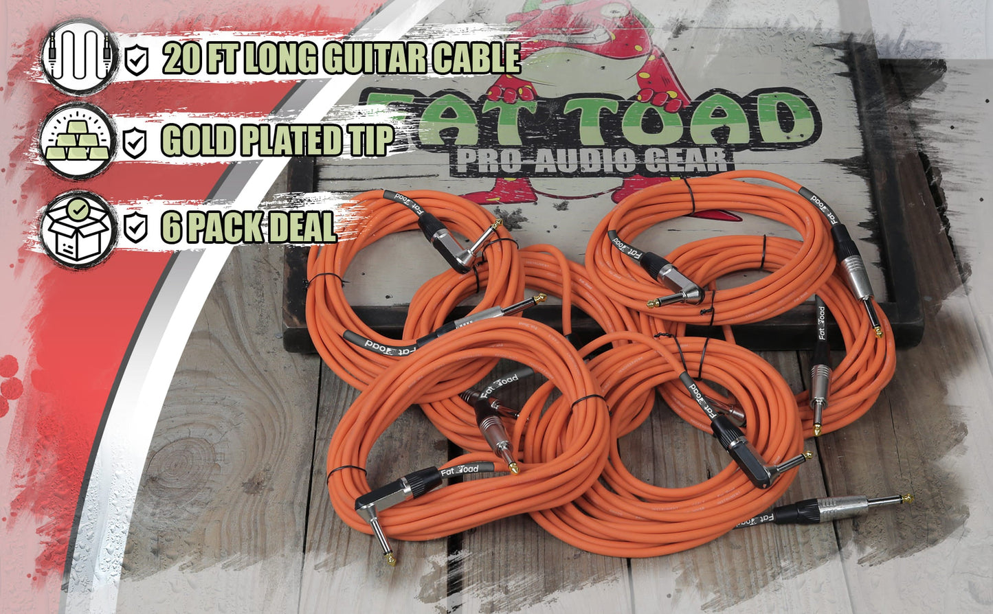 Guitar Cables (6 Pack) Right Angled Instrument Cord by FAT TOAD - 20FT 1/4 Quarter Inch Straight-End 20 GA Wires for Electric Guitar Pedal, Keyboards