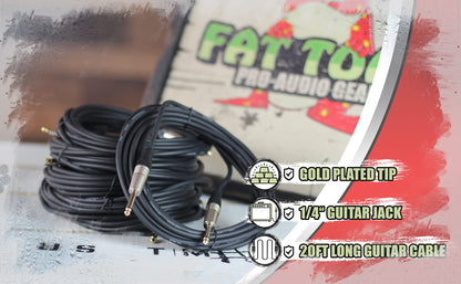 Guitar Cords (6 Pack) Instrument Cable by FAT TOAD | 20FT Wires 1/4 Inch Gold Straight-End for Electric, Acoustic, Bass, Keyboards, Speakers, Sound AMP & Music Recording Studio | Shielded 24 AWG Patch