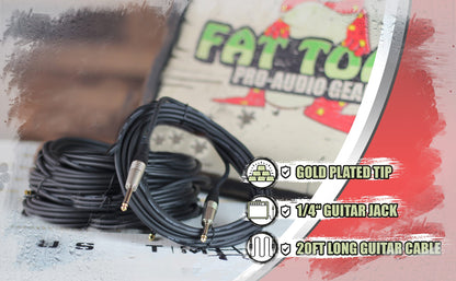 Guitar Cables (4 Pack) Instrument Cord by FAT TOAD | 24 AWG Patch Conductor for Electric or Acoustic Guitar, Bass, Amps, Keyboards & Pro-Audio DJ Recording Studio PA | 20FT 1/4 Inch Straight-End Wires
