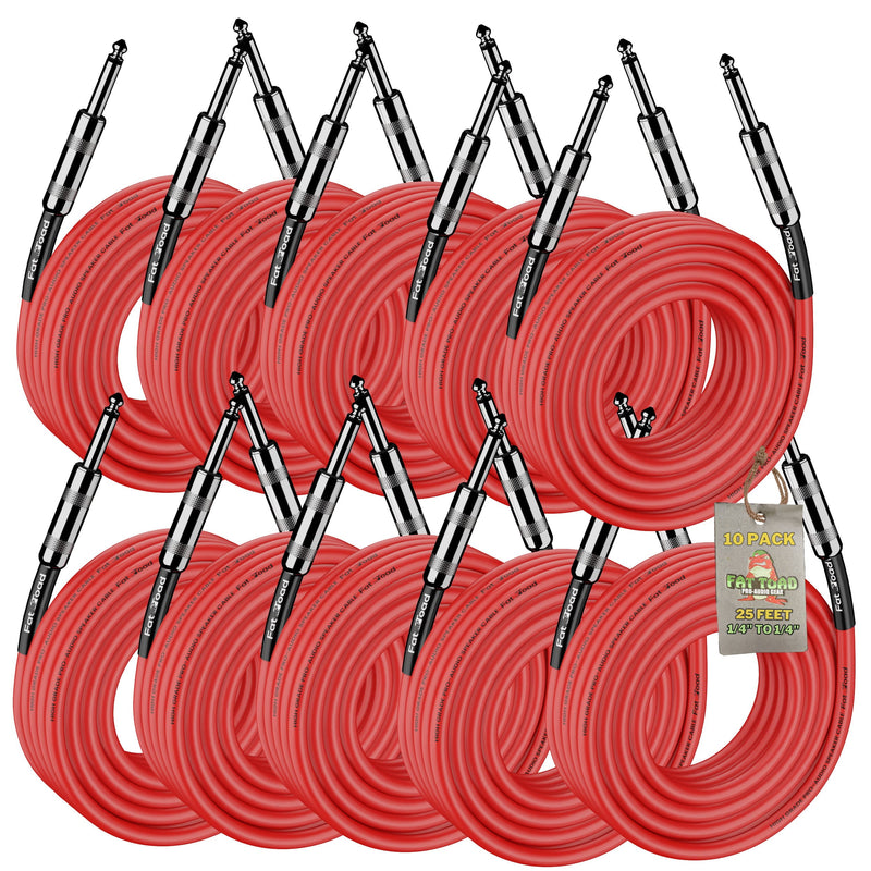 25FT Speaker Cables (10 PACK) by FAT TOAD - Quarter Inch 12 AWG Gauge Wire for Amp, Music Studio Recording & Stage Gear - 1/4" to 1/4 Male Jack Professional Pro Audio Red DJ Speakers PA Patch Cords