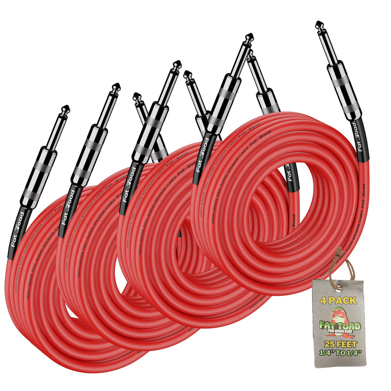 FAT TOAD DJ Speaker Cables 25FT (4-Pack) - 1/4-Inch 12 AWG Wire for Amp, Studio & Stage Gear - 1/4-Inch Male Jack Pro Audio Red PA Patch Cords