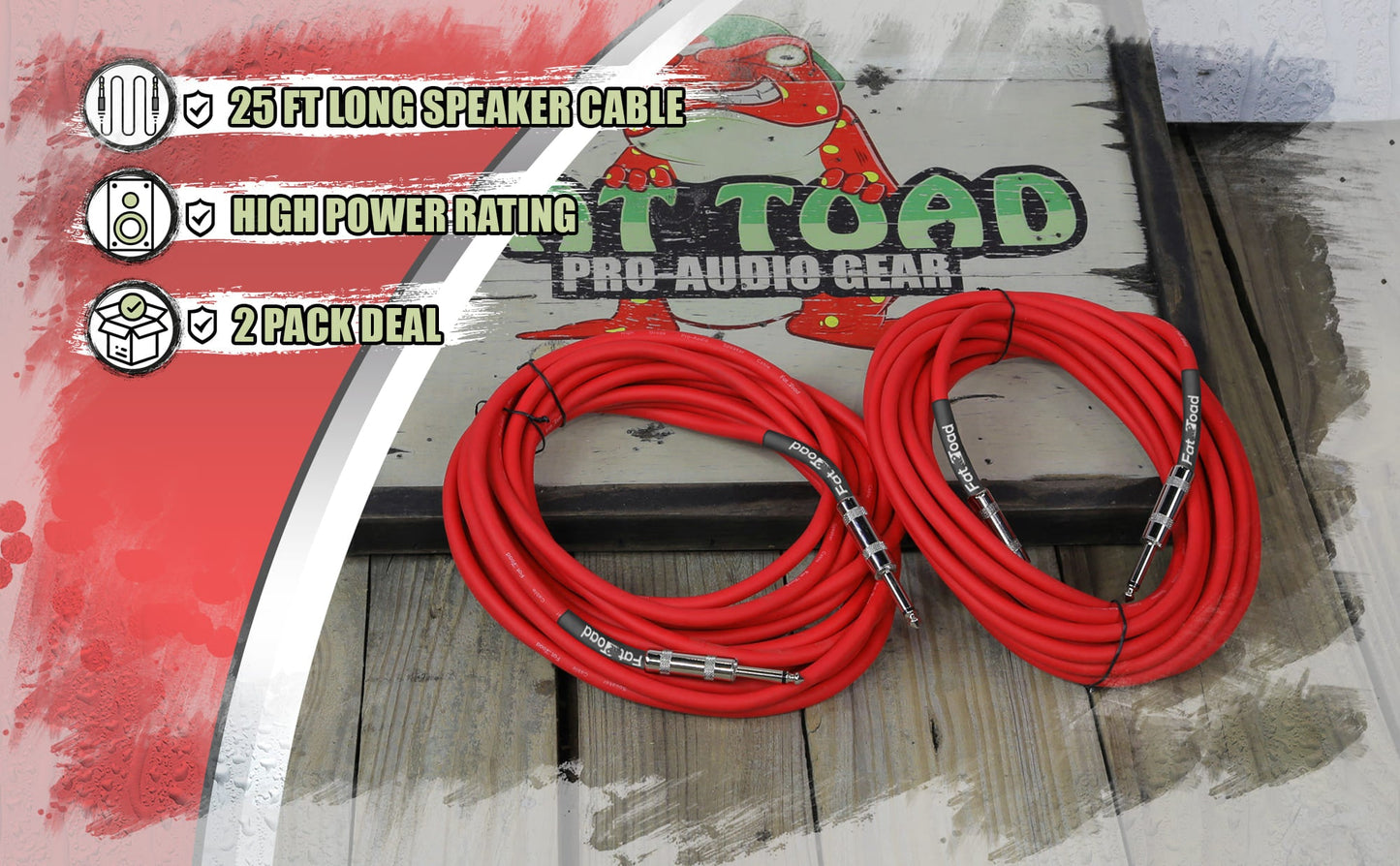 1/4" to 1/4 Male Jack Speaker Cables (2 Pack) by FAT TOAD - 25ft Professional Pro Audio Red DJ Speakers PA Patch Cords - Quarter Inch 12 AWG Wire
