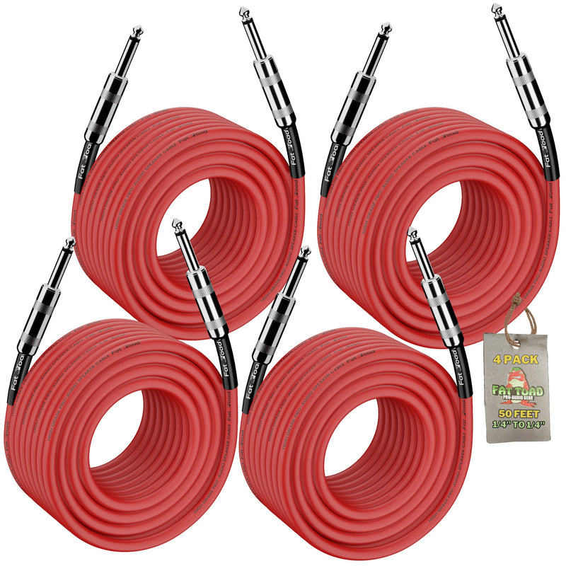 50FT DJ Speaker Cables (4-Pack) by FAT TOAD - 1/4-Inch 12 AWG Male Jack Pro Audio Red Patch Cords for Amp, PA Studio Recording & Stage Gear