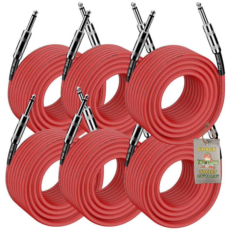 DJ Speaker Cables (6-Pack) by FAT TOAD - 50FT PA Pro Audio Red Patch Cords - 1/4-Inch Male Jack 12 AWG Wire for Amp, Studio Recording & Stage Gear
