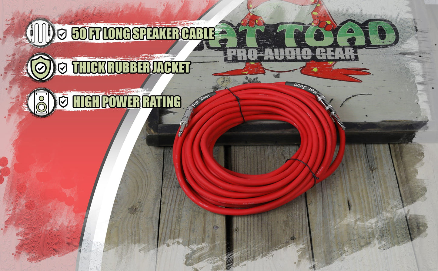 1/4" to 1/4 Speaker Cable by FAT TOAD - 50ft Professional Pro Audio Red DJ Speaker PA Patch Cord Quarter inch Male Jack - 12 AWG Gauge Wire for Studio