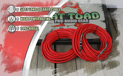1/4" to 1/4 Male Jack Speaker Cables (2 Pack) by FAT TOAD - 50ft Professional Pro Audio Red DJ Speakers PA Patch Cords - Quarter Inch 12 AWG Wire