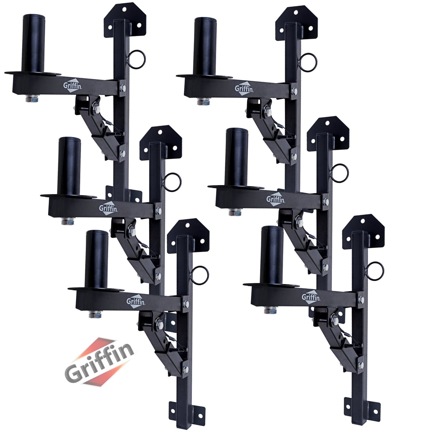 PA Speaker Wall Mount Bracket Stands (6 PACK) by GRIFFIN - All-Steel Pro-Audio 35mm Pole Holders with Securing Locking Pin & 3-Level Tilt Adjustments - DJ On-Stage Studio Monitor Holders