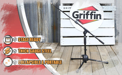 Short Microphone Stand with Boom Arm by GRIFFIN | Low Profile Tripod Mic Stand Mount for Kick Bass Drum, Studio Desktop Recording, Singing, & Guitar Amplifiers | Small Height Telescoping Boom Holder